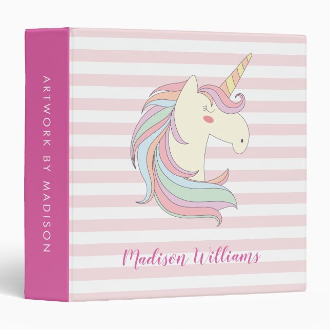 Cute Unicorn Pink Stripes Magical Pony Horse Girly 3 Ring Binder (Front/Spine)