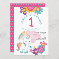 Cute Unicorn Pink Teal Girl 1st Birthday Party Invitation