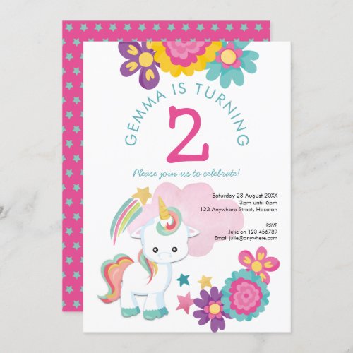 Cute Unicorn Pink Teal Girl 2nd Birthday Party Invitation