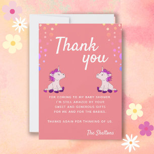 Cute Unicorn Pink Twins Girls Baby Shower Thank You Card
