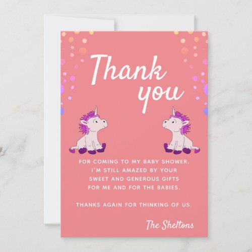 Cute Unicorn Pink Twins Girls Baby Shower Thank You Card