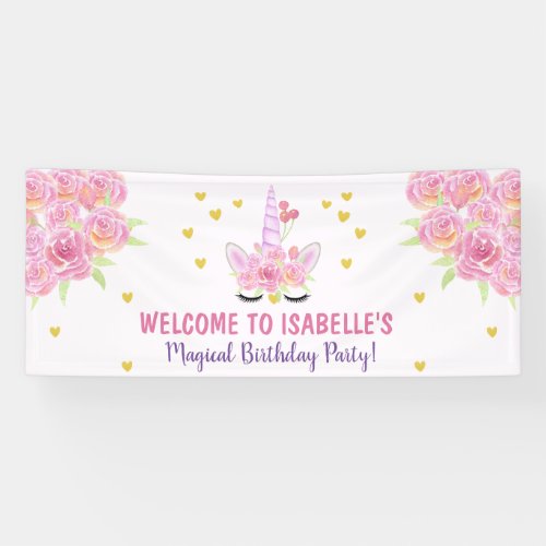 Cute Unicorn Pink Watercolor Florals Birthday Banner