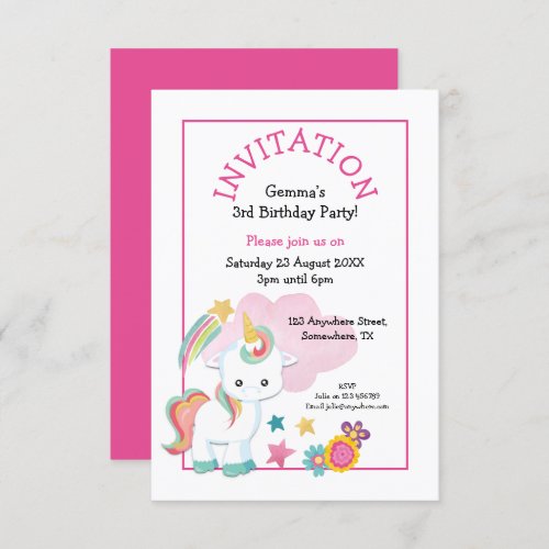 Cute Unicorn Pink Young Child Birthday Party Invitation