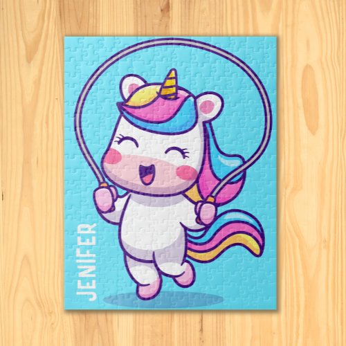 Cute Unicorn Playing Jump Rope Monogrammed Jigsaw Puzzle