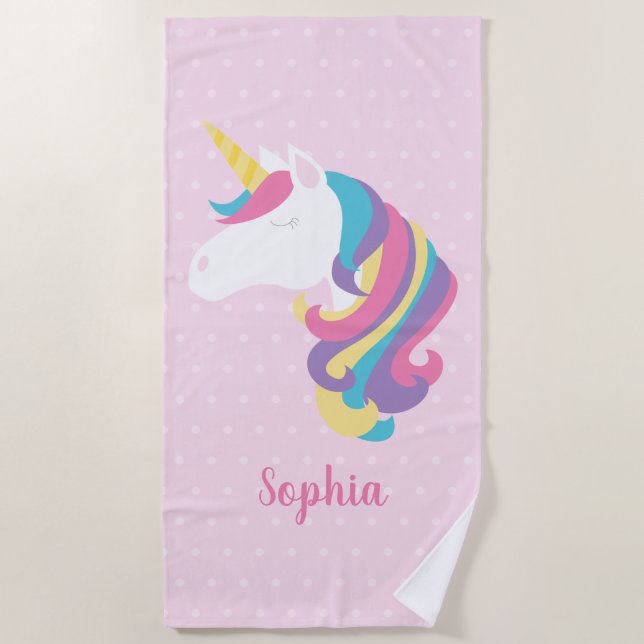 Cute Unicorn Polka Dot Personalized Girl Beach Towel (Front)