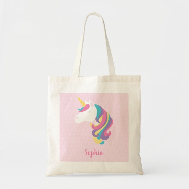 Cute Unicorn Polka Dot Personalized Girl Tote Bag (Front)