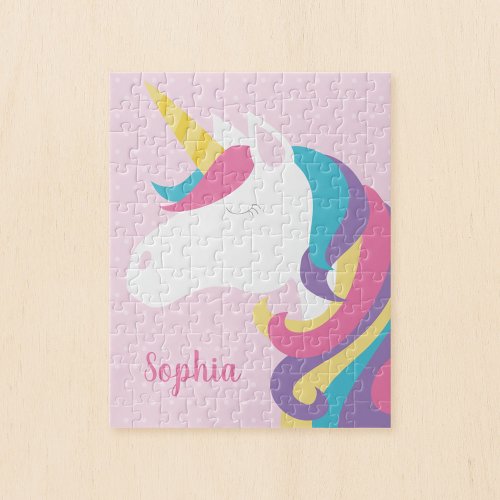 Cute Unicorn Polka Dot Personalized Kids Jigsaw Puzzle