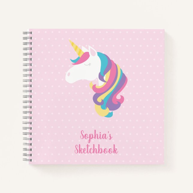 Cute Unicorn Polka Dot Personalized Sketchbook Notebook (Front)