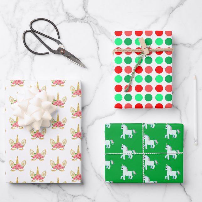 Cute Unicorn & Polka Dots on Green & White Wrapping Paper Sheets (Front)