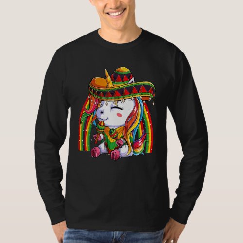Cute Unicorn Poncho Sombrero Rainbow Cinco De Mayo T_Shirt