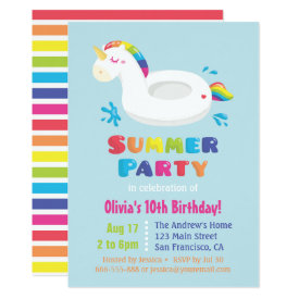 Cute Unicorn Pool Float Kids Summer Birthday Party Card