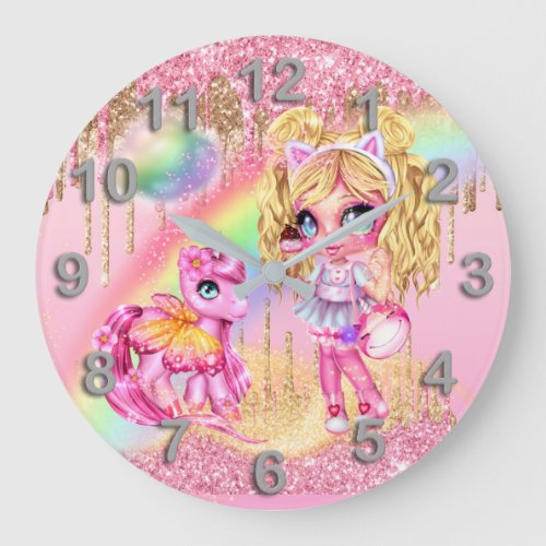 Cute unicorn pretty girl rainbow glitter fantasy large clock