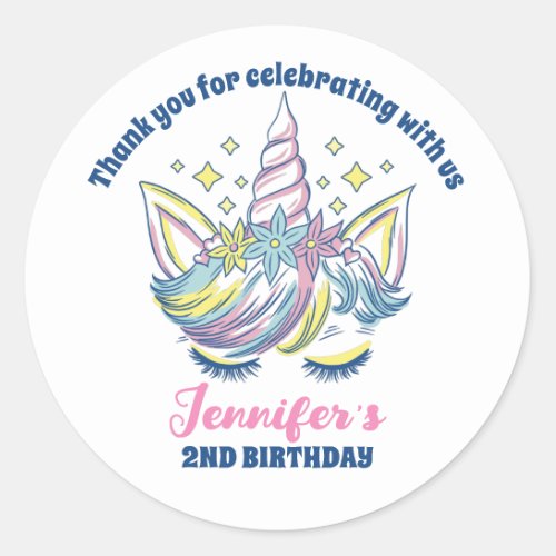 Cute Unicorn Princess Girls Birthday Party Favor Classic Round Sticker