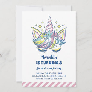 Cute Unicorn Princess Kids Girls Birthday Invitation
