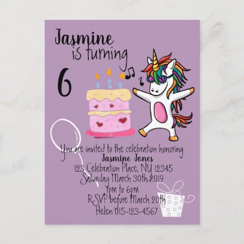 Cute Unicorn Purple Birthday Invitation Postcard