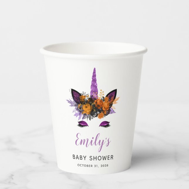 Cute Unicorn Purple Glitter Girls Fall Baby Shower Paper Cups (Front)