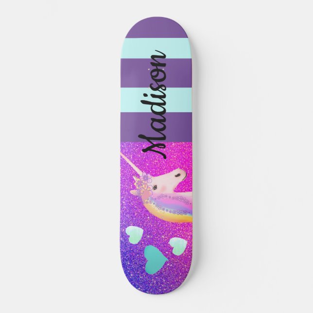 Cute Unicorn Purple Glitter Girls Personalized Skateboard (Front)