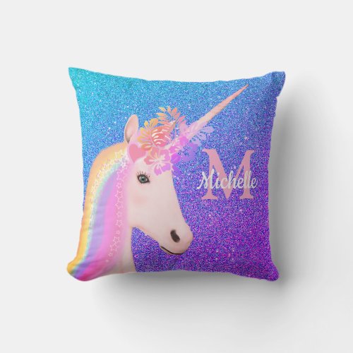 Cute Unicorn Purple Ombre Glitter Personalized Throw Pillow