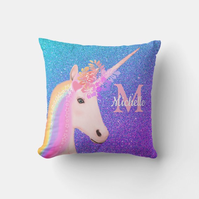 Cute Unicorn Purple Ombre Glitter Personalized Throw Pillow (Front)
