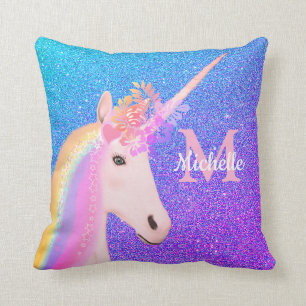 Cute Unicorn Purple Ombre Glitter Personalized Throw Pillow