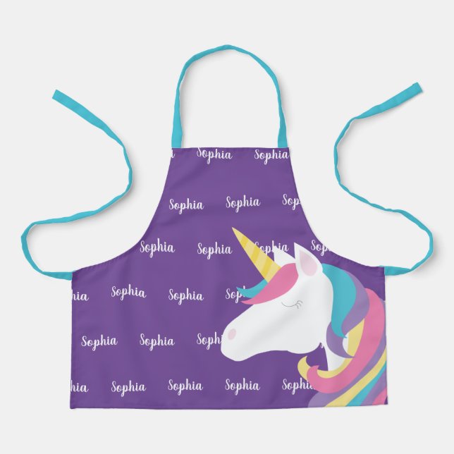 Cute Unicorn Purple Personalized Kids Apron (Front)