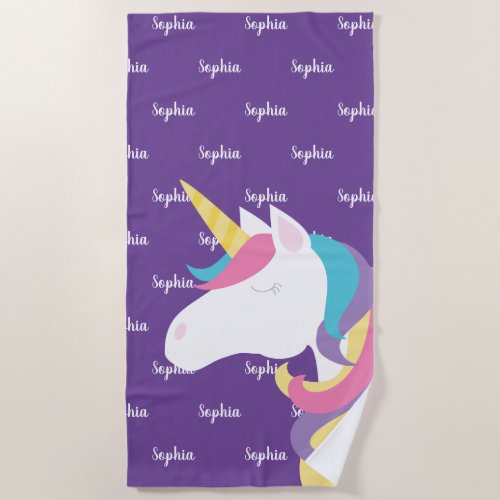Cute Unicorn Purple Personalized Kids Beach Towel