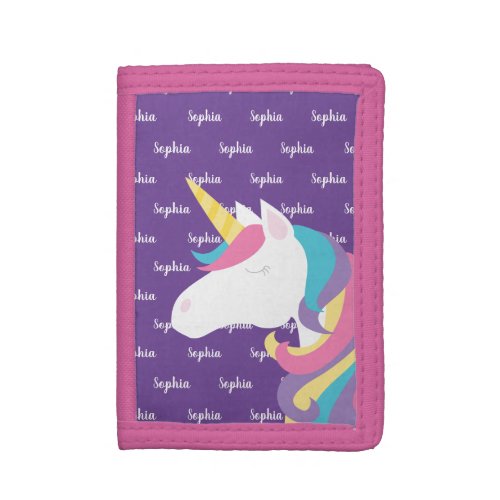 Cute Unicorn Purple Personalized Kids Name Trifold Wallet