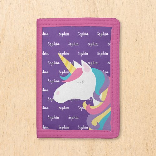 Cute Unicorn Purple Personalized Kids Name Trifold Wallet