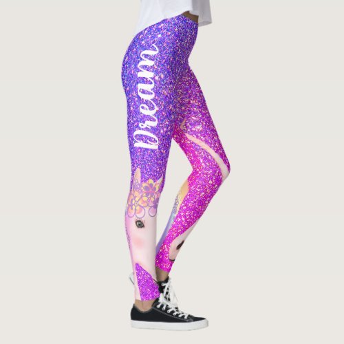 Cute Unicorn Purple Pink Glitter Dream Womens  Leggings