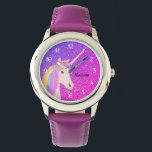Cute Unicorn Purple Pink Glitter Ombre Custom Name Watch<br><div class="desc">If you are a unicorn lover,  check out this fun wrist watch.   It has a cute white unicorn face and is personalized with child's name in white brushed script lettering.  The background is purple and pink ombre faux glitter sparkles.  Click "personalize template" option and follow the prompt.</div>