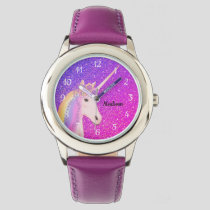 Cute Unicorn Purple Pink Glitter Ombre Custom Name Watch