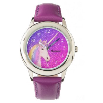 Cute Unicorn Purple Pink Glitter Ombre Custom Name Watch by JennLenayDesigns at Zazzle