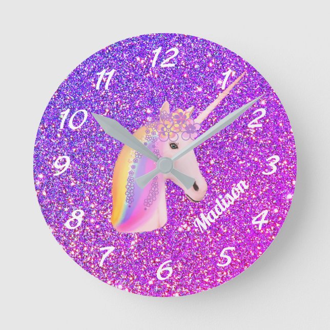 Cute Unicorn Purple Pink Glitter Personalized Round Clock (Front)
