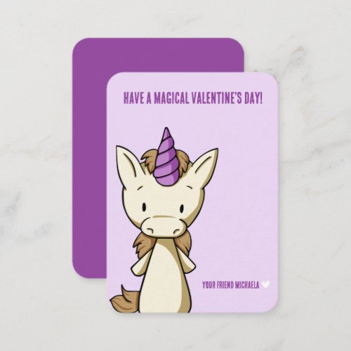 Cute Unicorn Purple Valentines Day Classroom Note Card