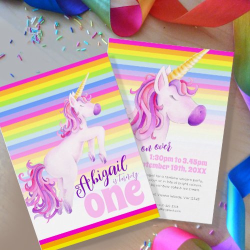 Cute unicorn rainbow 1st birthday invitations