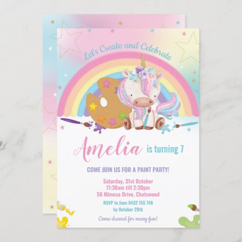 Cute Unicorn Rainbow Art Paint Birthday Party Girl Invitation