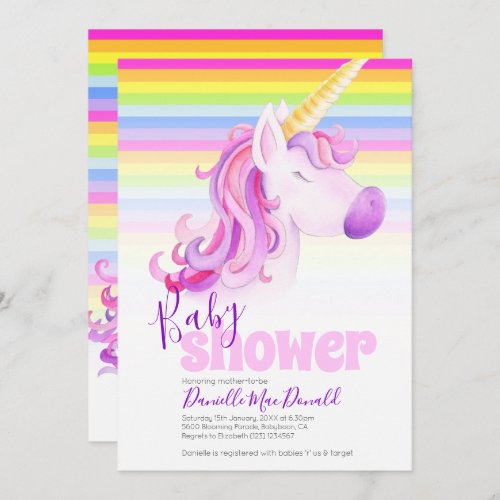 Cute unicorn rainbow baby shower invitations