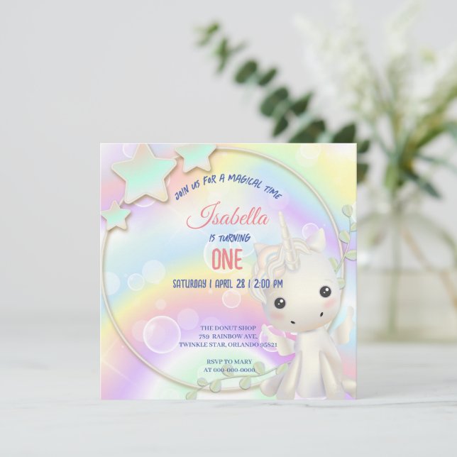 Cute Unicorn Rainbow Birthday Party kids Invitation (Standing Front)
