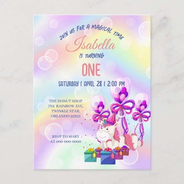 Cute Unicorn Rainbow Birthday Party kids Postcard (Front)