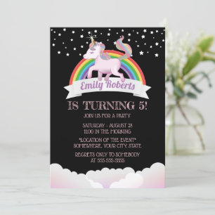 Cute Unicorn & Rainbow Black Birthday Invitation