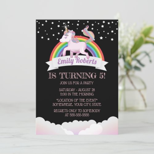 Cute Unicorn  Rainbow Black Birthday Invitation