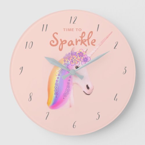 Cute Unicorn Rainbow Blush Pink Time to Sparkle Large Clock