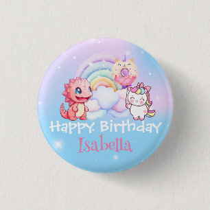 Cute Unicorn Rainbow Dino Donut balloon Birthday Button