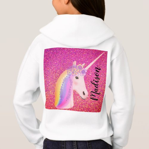 Cute Unicorn Rainbow Fantasy Pink Glitter Name Hoodie