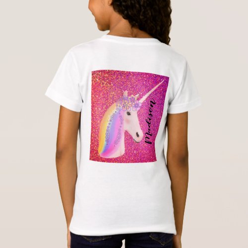 Cute Unicorn Rainbow Fantasy Pink Glitter Name T_Shirt