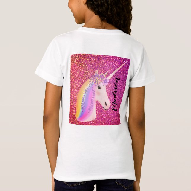 Cute Unicorn Rainbow Fantasy Pink Glitter Name T-Shirt (Back)