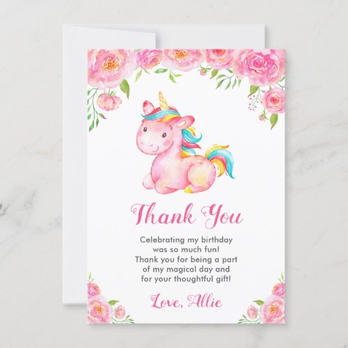 Cute Unicorn Rainbow Floral Girl Birthday Party Thank You Card