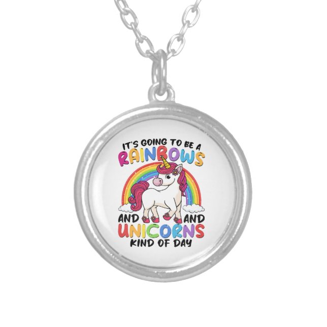 cute unicorn rainbow funny silver plated necklace (Front)