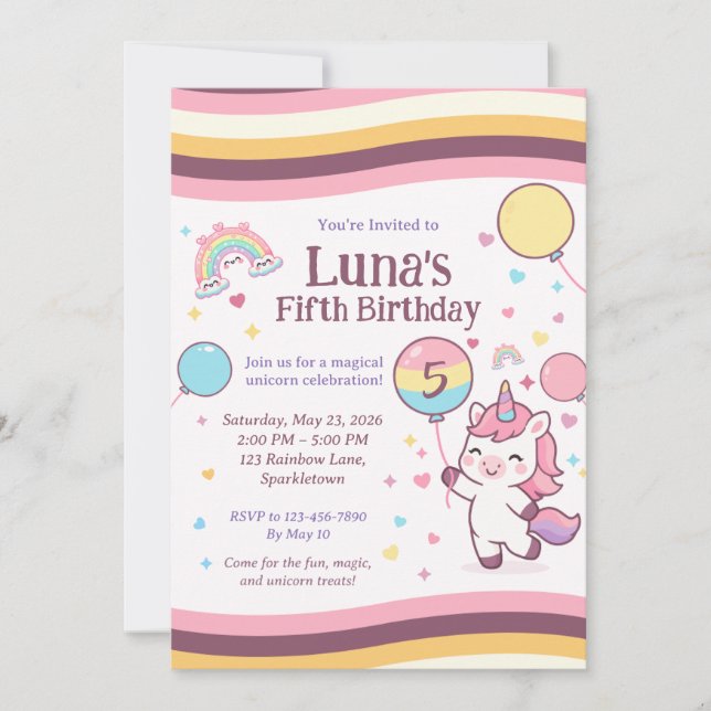 Cute Unicorn Rainbow Girl Fifth Birthday Party Invitation (Front)