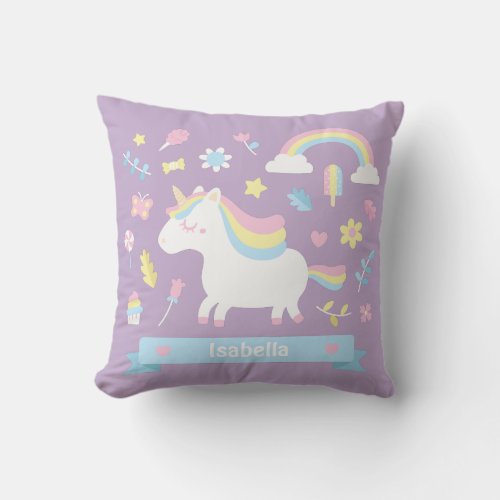 Cute Unicorn Rainbow Girls Bedroom Throw Pillow